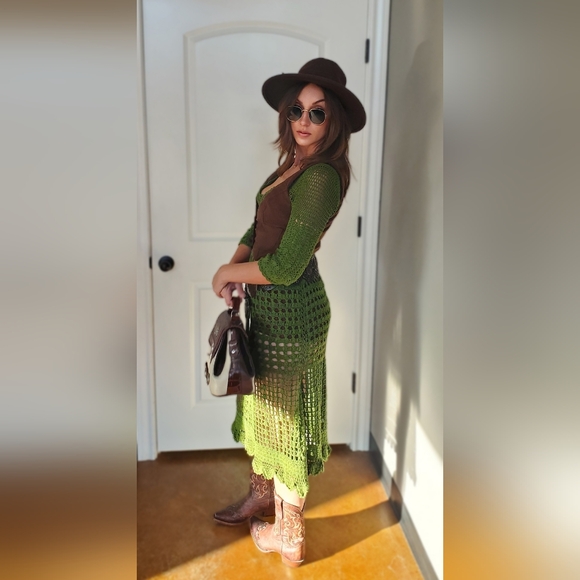 Green crochet midi western dress flare dress fall Fashion cowgirl medium crochet - Picture 5 of 7